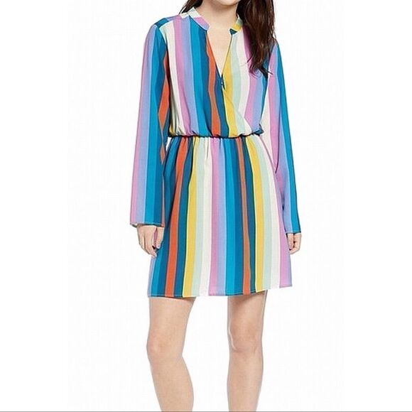 All In Favor Nordstrom Dress Boho Rainbow Multicolored Stripe Elastic Waist Lg - Picture 1 of 14